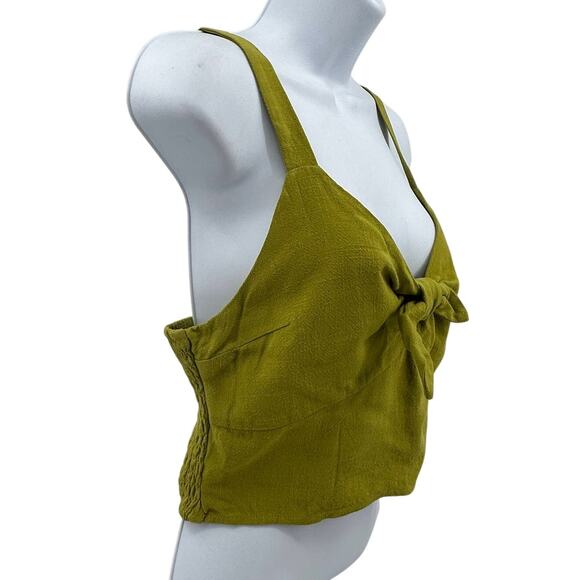 Monteau Crop Top Womens L Green Linen Blend Knot Front Smocked Back Breathable - Picture 3 of 9